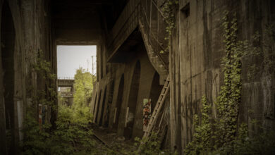 Verlassene Betonstruktur mit überwucherter Vegetation und Graffiti.