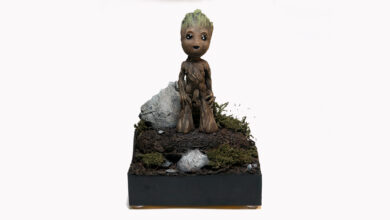 Modellbau-Diorama mit einer handbemalten Figur von Baby Groot.